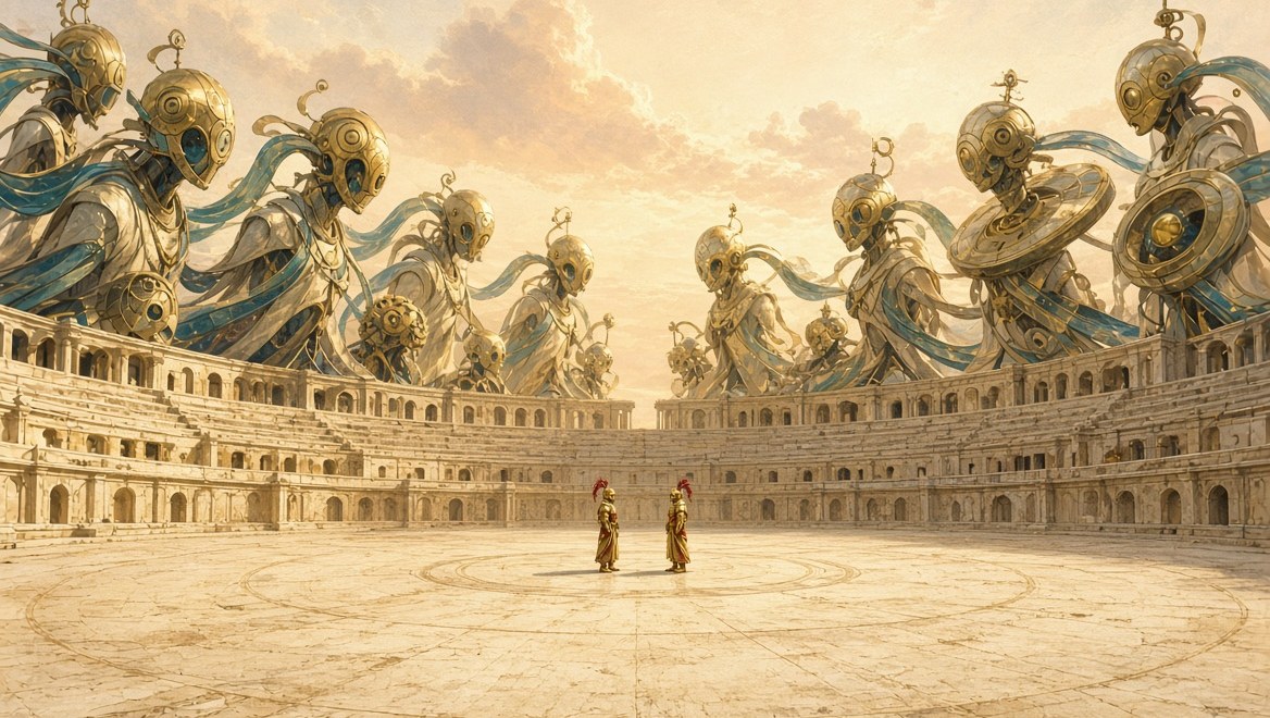 A vast circular arena of cream stone, colossal clockwork spirits seated around the rim, two gold-hooded Operators facing each other alone on the floor