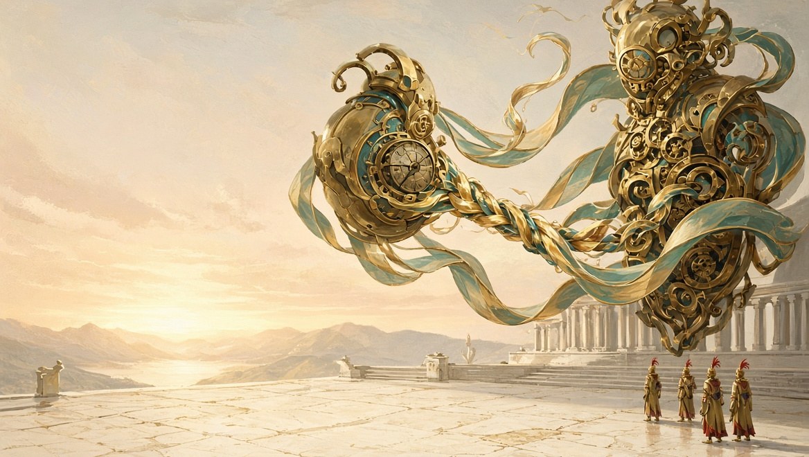 Two colossal clockwork spirits facing each other, their tape ribbons meeting and braiding in the air between them, Operators watching from below