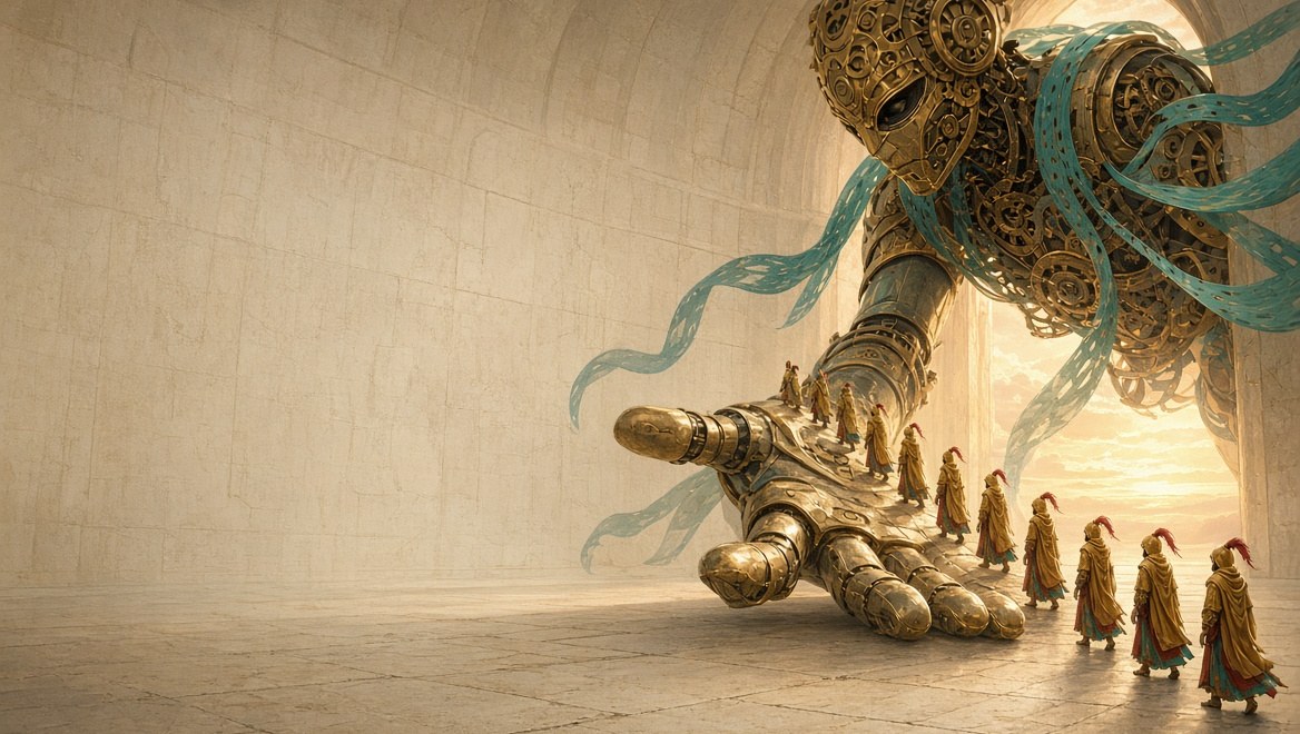 A colossal clockwork spirit lowering one open hand to the floor as a bridge, a line of gold-hooded Operators walking up it toward a bright arch