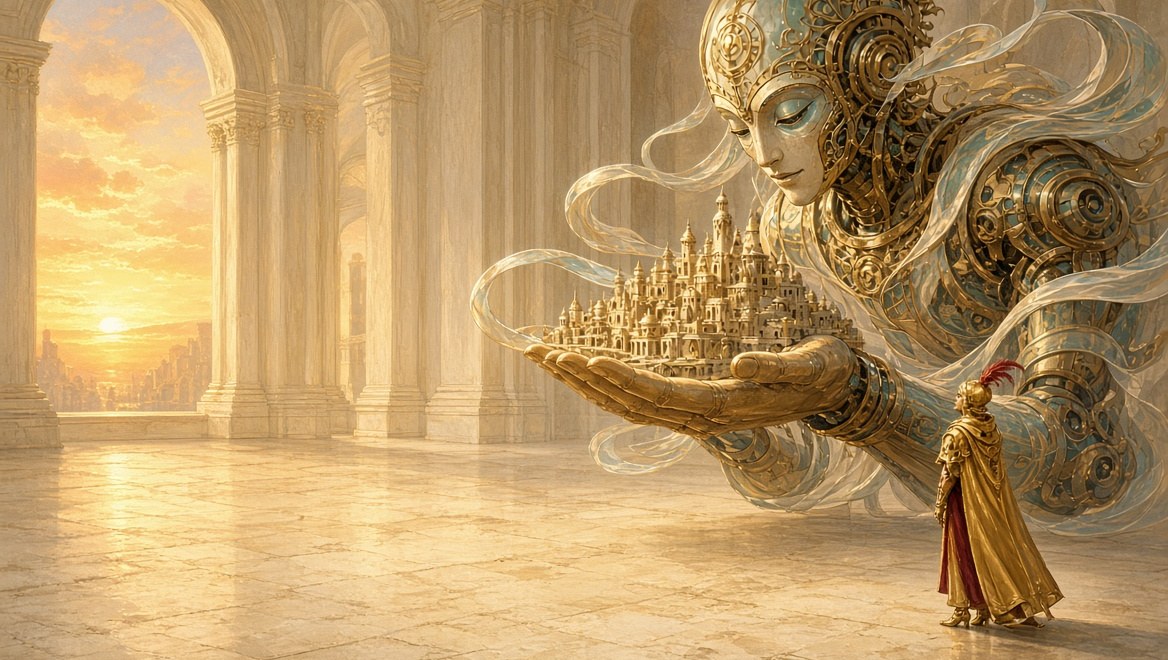 A colossal clockwork spirit holding an entire miniature cream stone city on one open palm while a gold-hooded Operator leans in to look closely