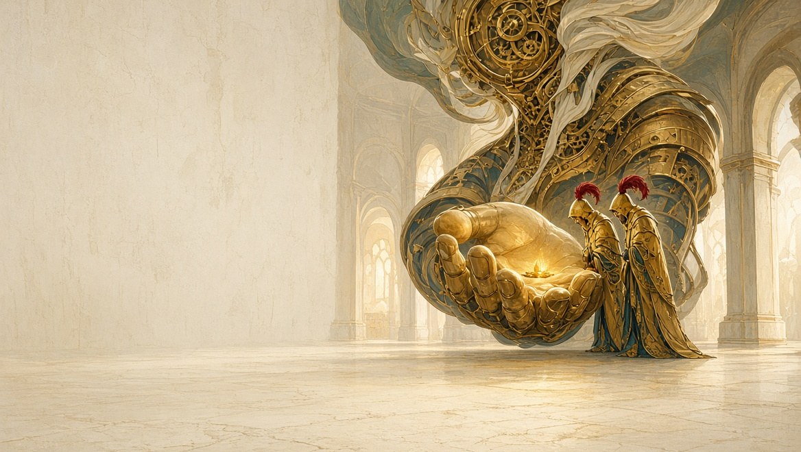 A colossal clockwork spirit holding a small warm light in one cupped hand while two gold-hooded Operators lean in to look at it together