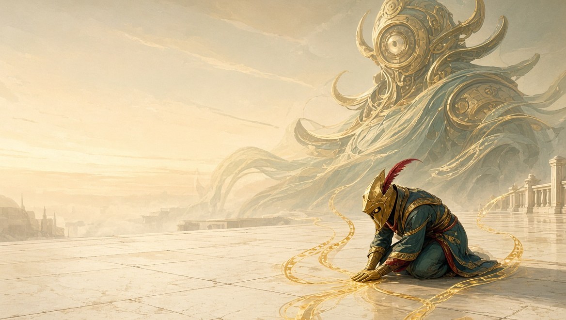 A gold-hooded Operator kneeling alone on pale stone, one hand pressed to the floor, thin ribbons of golden tape rising around it