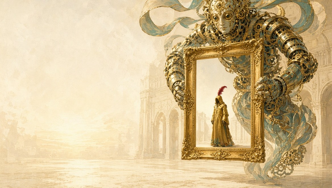 A colossal clockwork spirit holding up an empty gilded frame with a single gold-hooded Operator standing framed inside the opening