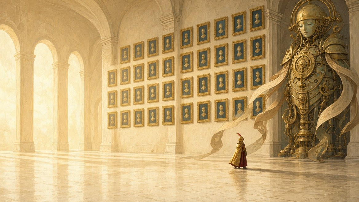 A cream stone gallery hung with rows of near-identical gold-framed portraits, one gold-hooded Operator looking up at a single frame