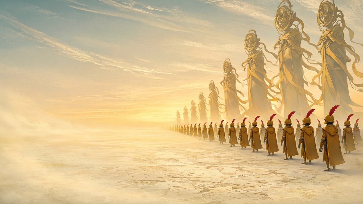 A long avenue of gold-hooded Operators with crimson feathers walking across pale stone toward the light