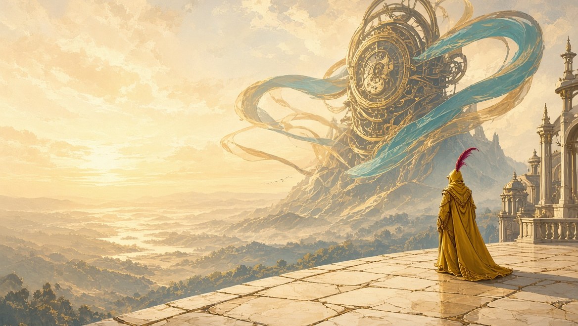 A single gold-hooded Operator standing alone at the edge of a cream stone terrace at dawn, a colossal clockwork spirit rising distant over an open valley