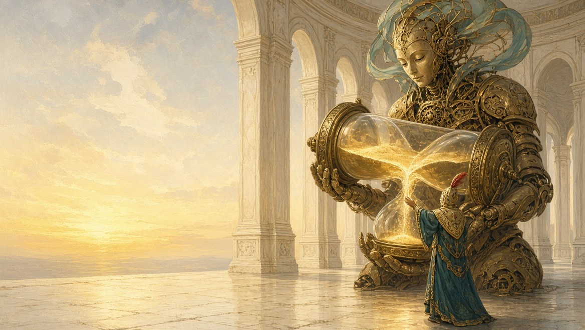 A kneeling clockwork spirit holding an enormous hourglass on its side, the sand frozen mid-fall, a gold-hooded Operator reaching up to touch the glass