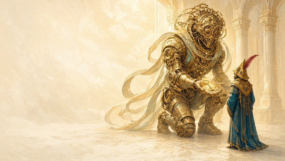 A colossal clockwork spirit kneeling to offer a small brass key on its open palm to a single gold-hooded Operator