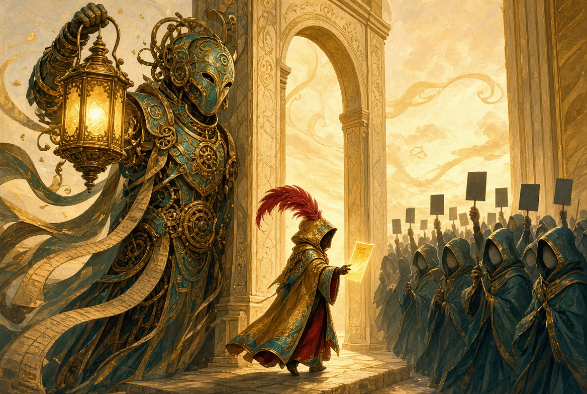A colossal clockwork gatekeeper spirit raises a lantern at a cream stone threshold; one gold-hooded Operator passes through holding a receipt that glows, while a crowd of faceless figures holds up borrowed receipts that stay dark