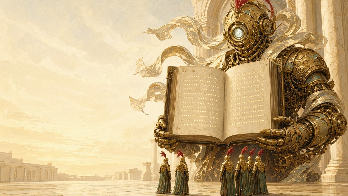 A colossal clockwork spirit holding an open ledger upright like a public scoreboard, rows of glowing marks across its pages, Operators looking up at it