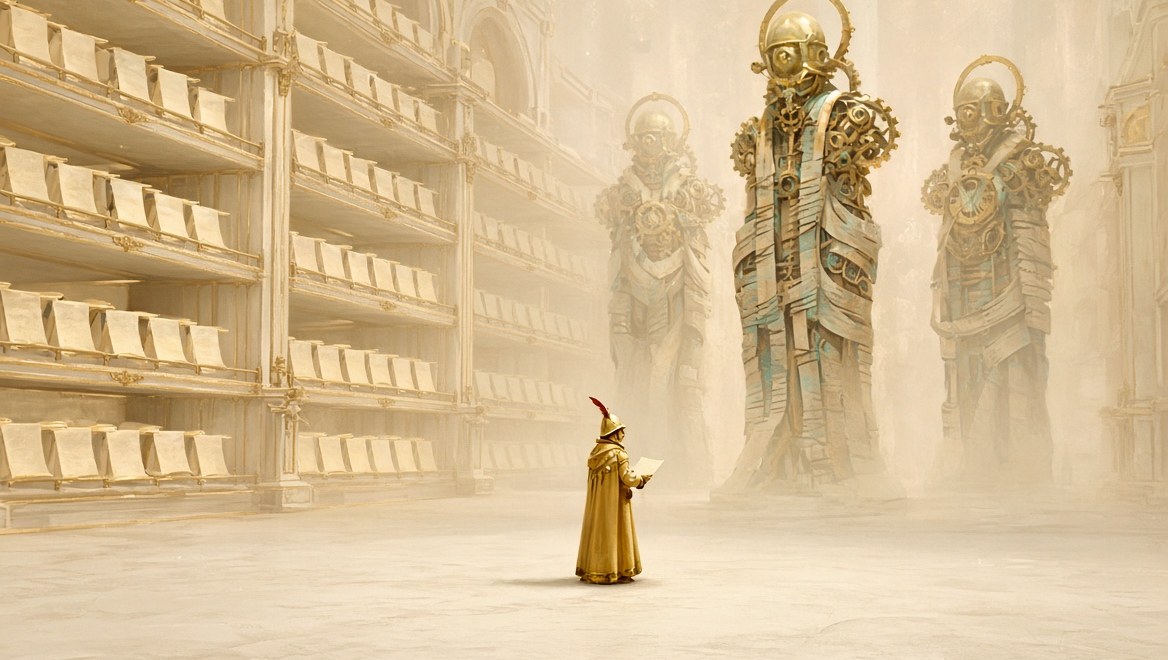 A vast cream stone hall lined with shelves of glowing parchment receipts, clockwork spirits standing as librarians, one gold-hooded Operator reading a single receipt