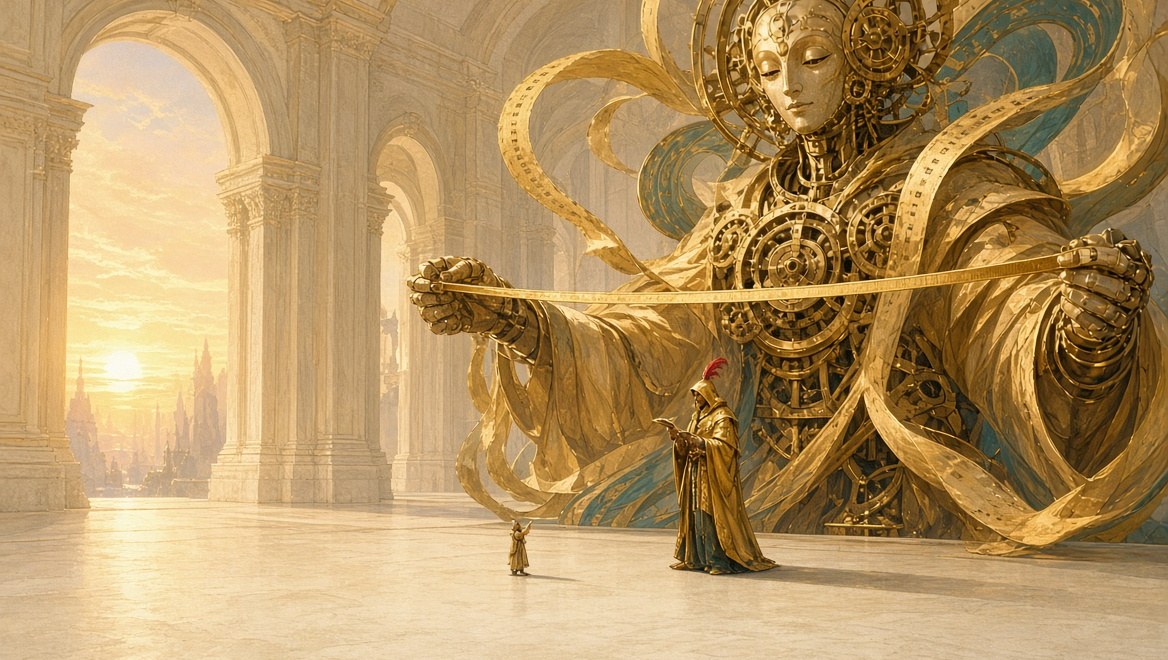A colossal clockwork spirit holding a ribbon of golden tape stretched taut between both hands like a measuring line, an Operator reading it from below