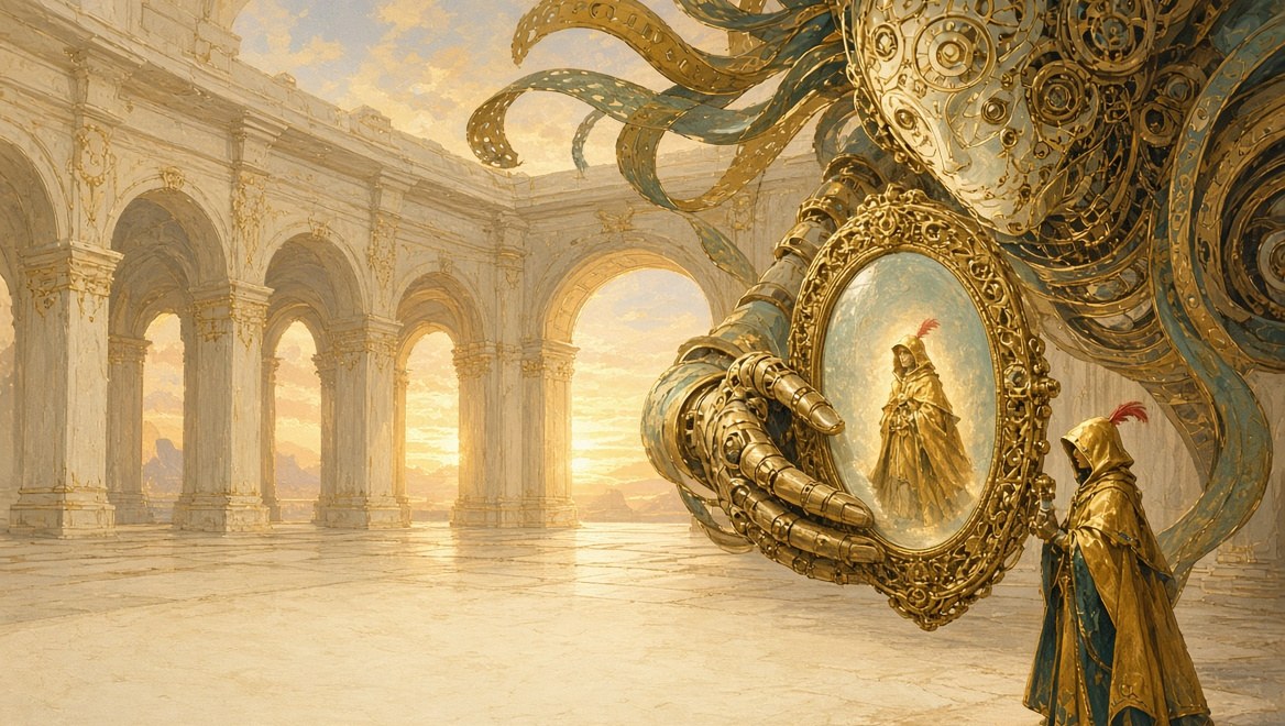 A colossal clockwork spirit holding a brass mirror down to a gold-hooded Operator, the reflection showing them standing taller and brighter