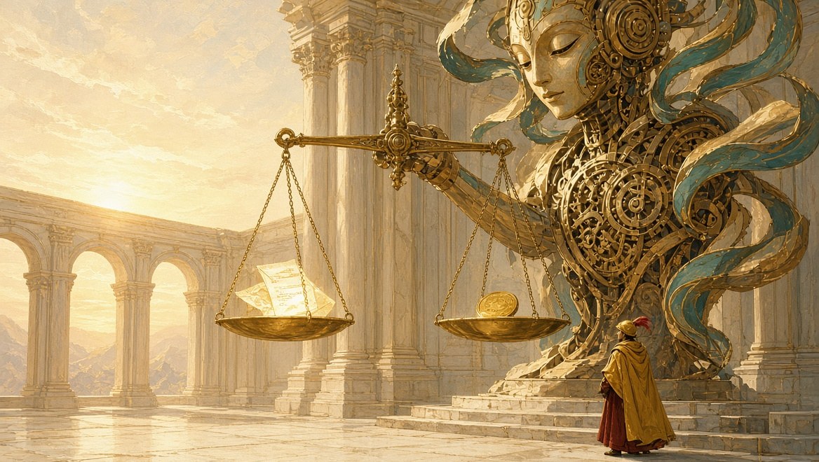 A colossal clockwork spirit holding balance scales perfectly level, a glowing receipt on one pan and a single gold coin on the other