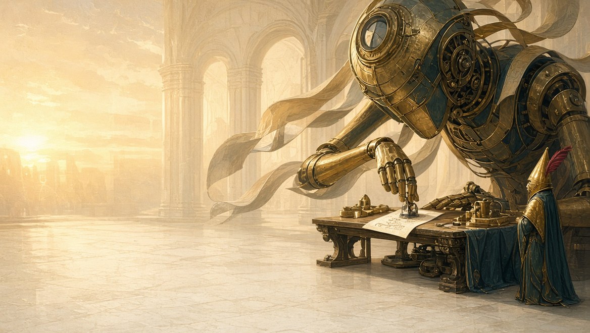 A colossal clockwork spirit bent low over a workbench, pressing a seal onto a single cream parchment receipt while a gold-hooded Operator watches