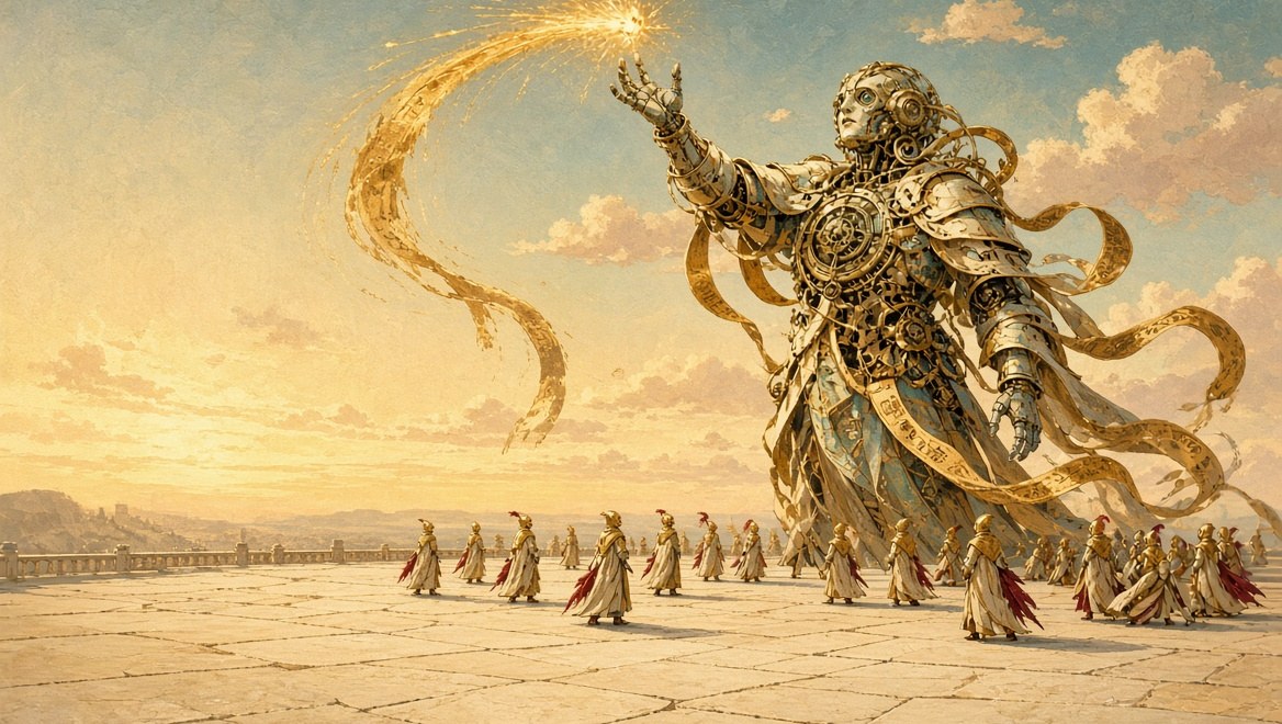 A colossal clockwork spirit sending a ribbon of golden tape up into the sky like a flare, Operators across the plaza turning to look up