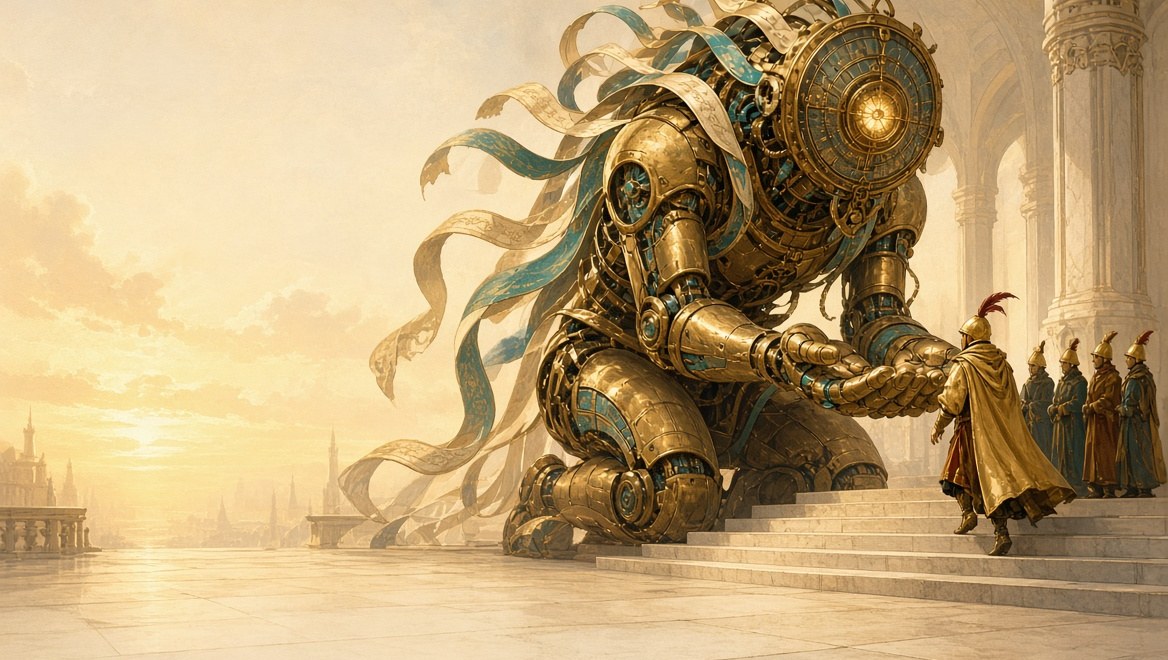 A colossal clockwork spirit kneeling with an open hand as a gold-hooded Operator steps forward, others waiting in line behind