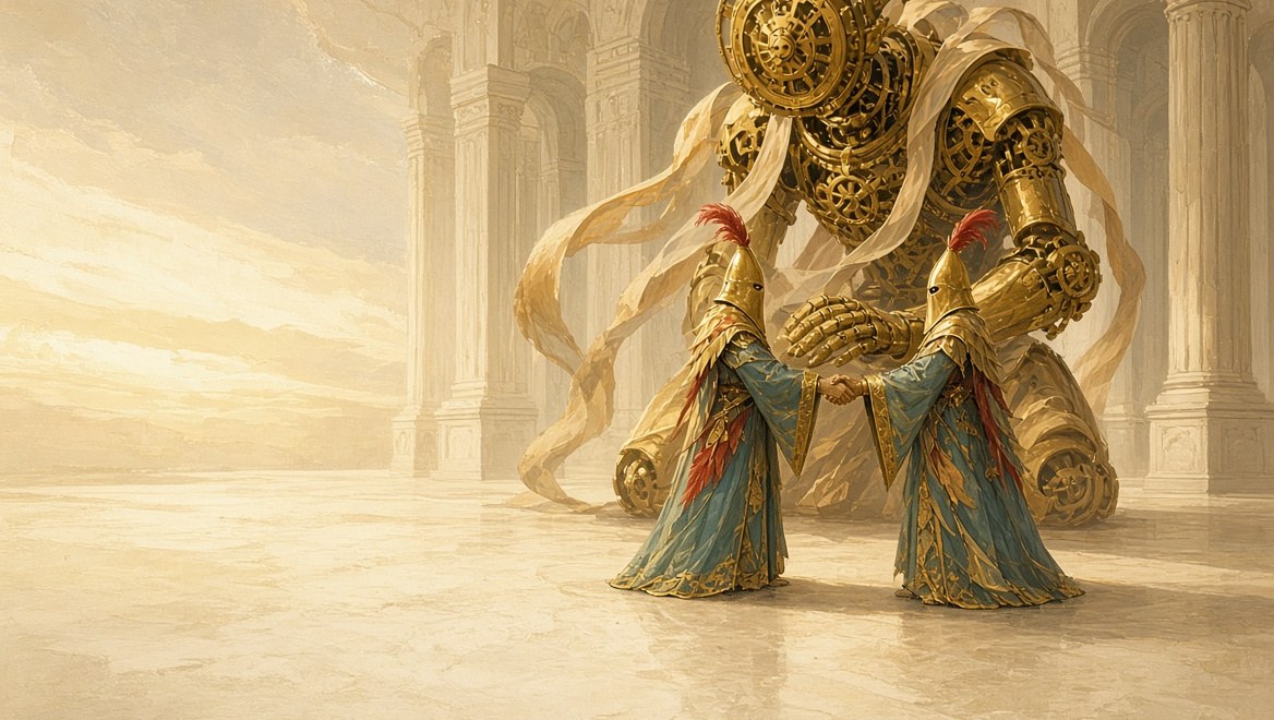 Two gold-hooded Operators clasping hands while a kneeling clockwork spirit rests one hand over the handshake as witness