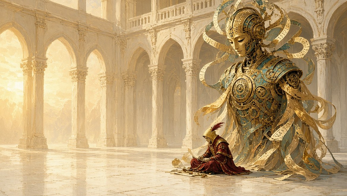 A colossal clockwork spirit standing quietly beside a seated gold-hooded Operator at work, present but not intervening