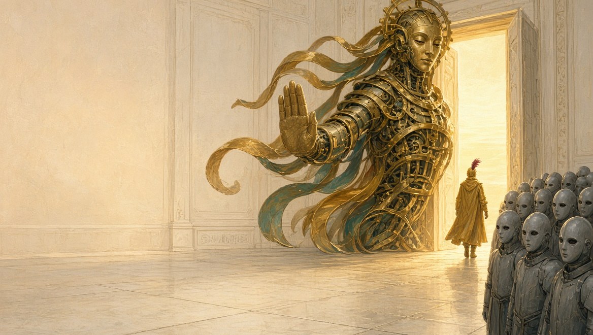 A colossal clockwork spirit holding one hand out to stop a crowd of grey masked figures while a single gold-hooded Operator walks freely through a doorway of light