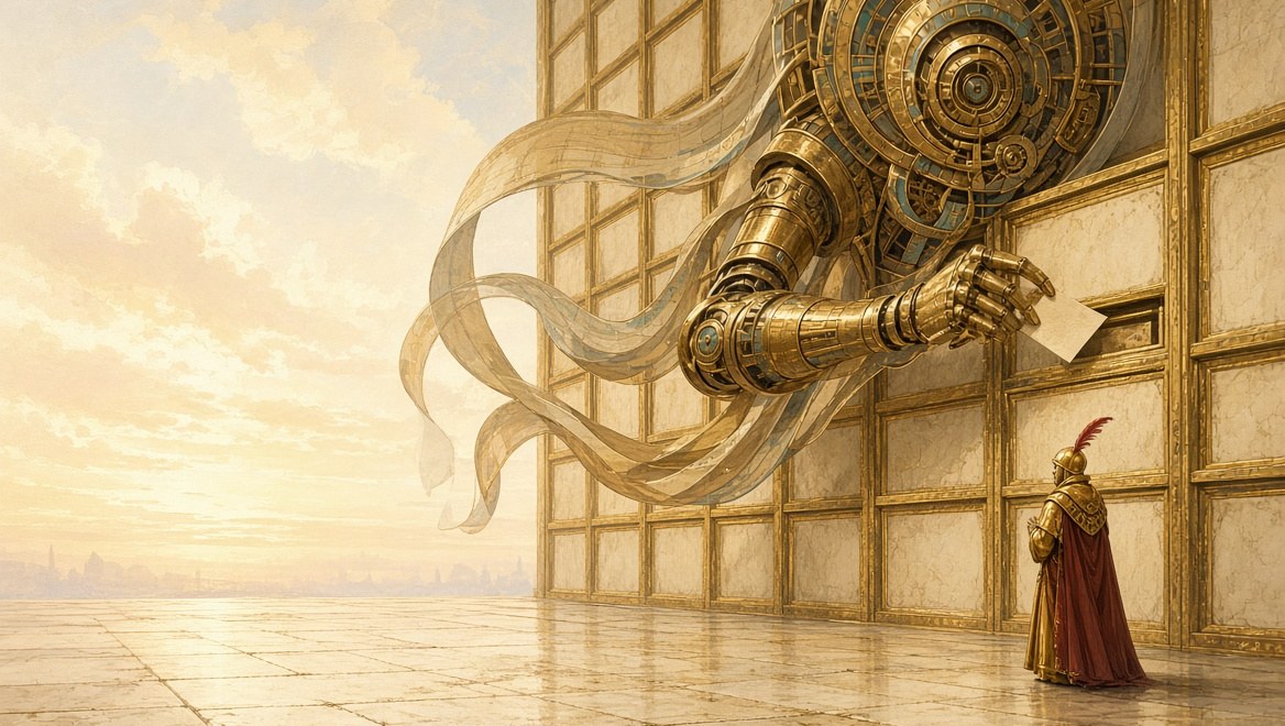 A colossal clockwork spirit setting a single parchment receipt into one gilded slot in a tall wall of empty slots, an Operator watching from below